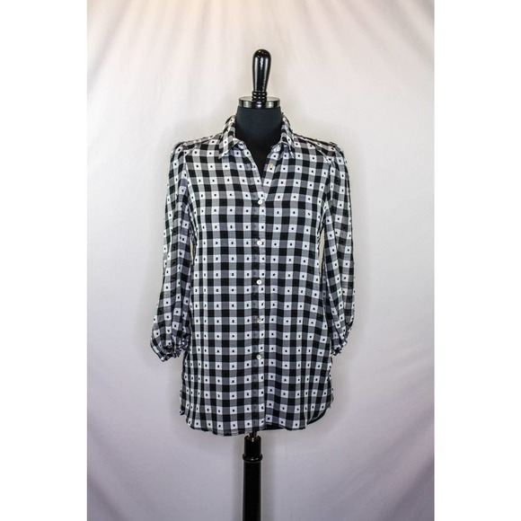 Nanette Lepore Blouse Sheer Black White Check Plaid Size M - Picture 1 of 5